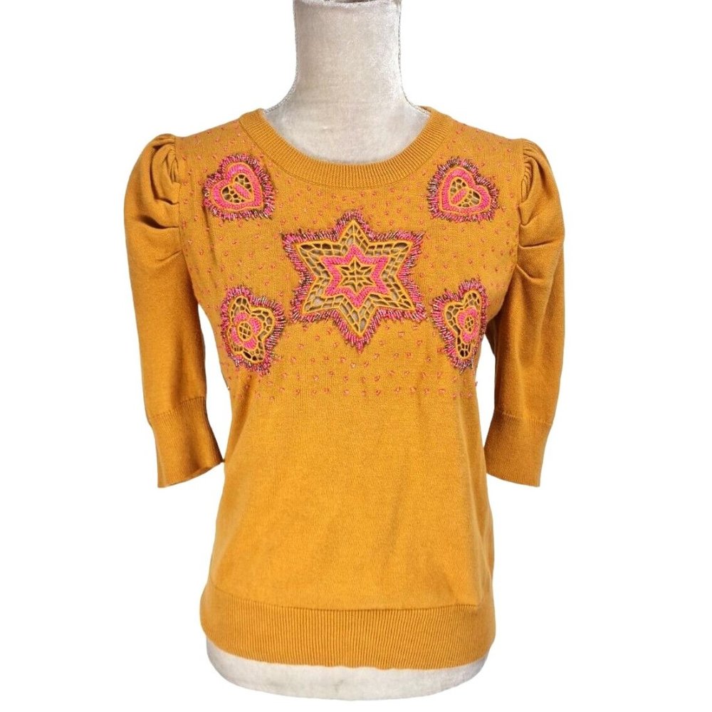 MANOUSH Womens Crew Neck Knit Top Size S Yellow Mustard Beaded 3/4 Sleeve  87P
